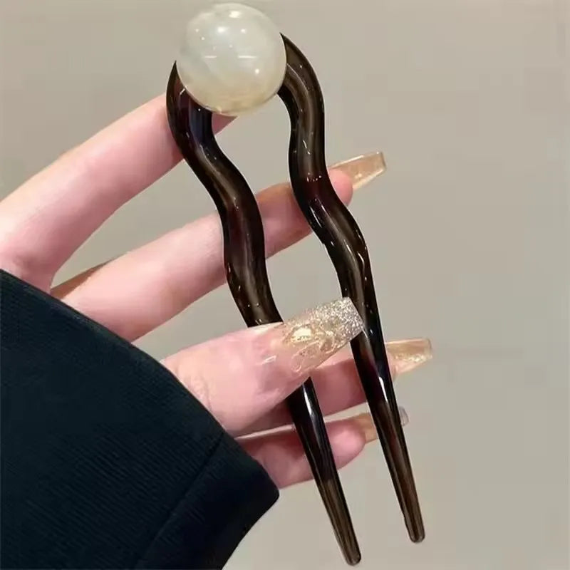 Fashion Colored Pearl U-Shaped Hair Sticks/ Hairpin Hair Fork Bun Acrylic Hair Clip