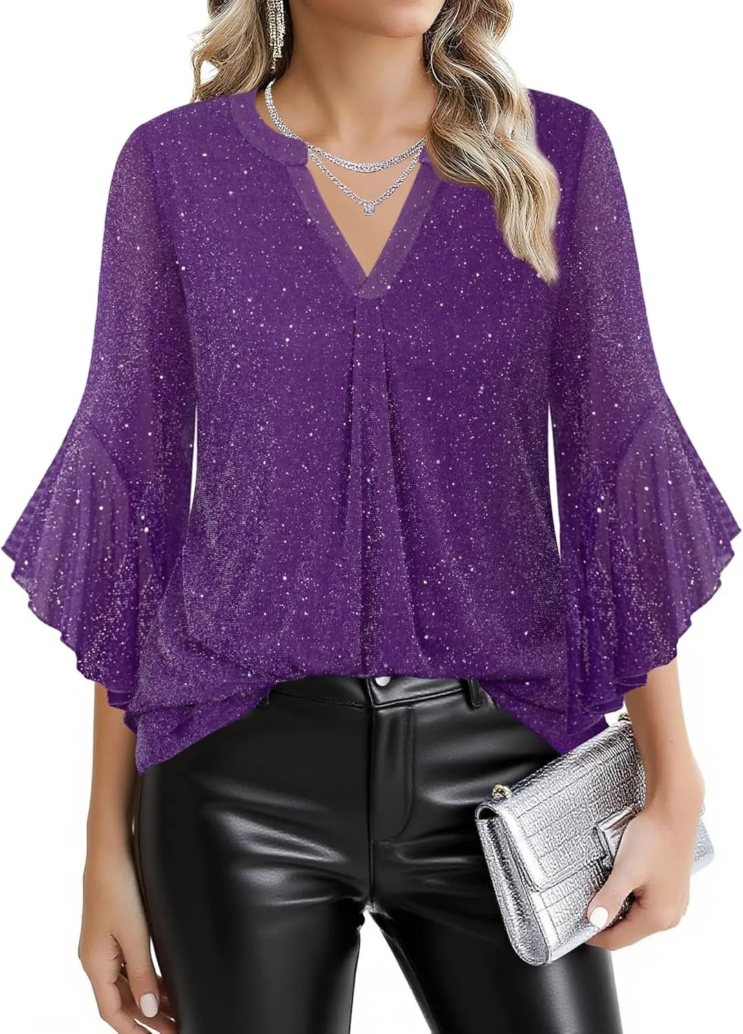 Womens Sparkly Tops 3/4 Sleeve Dressy Casual Sequin Blouses Double Layers Loose V Neck Shirt