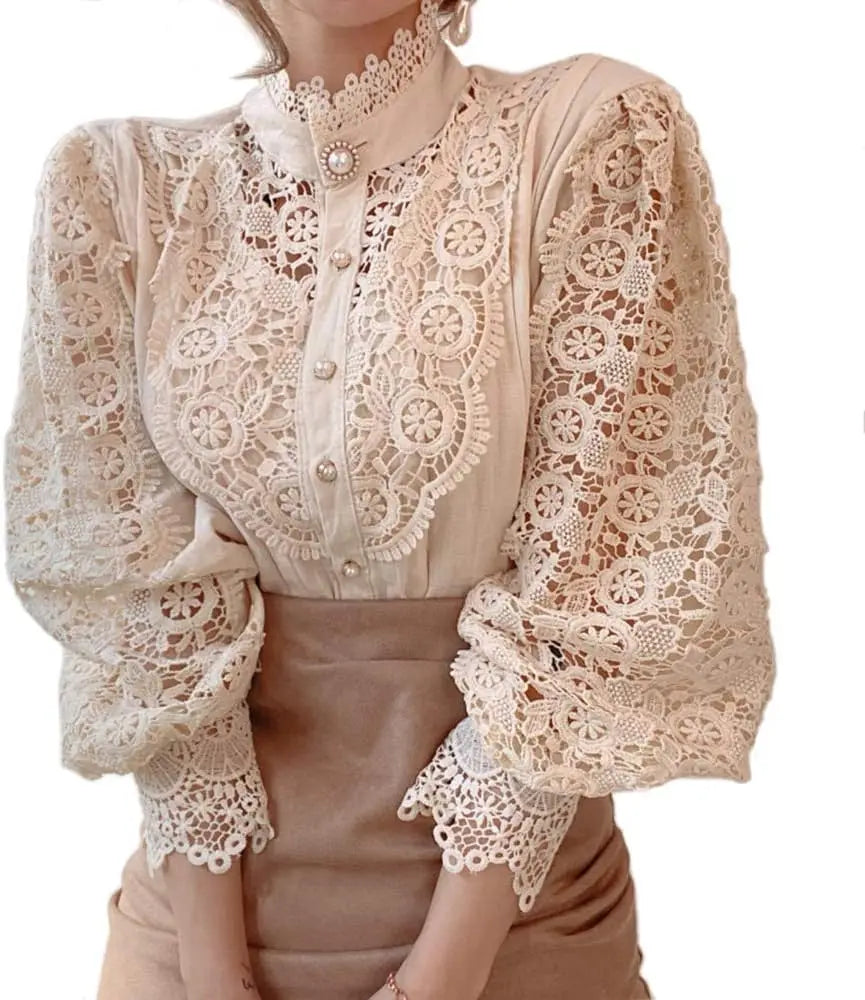 Women’s Elegant Lace Trim Shirts/Casual Victorian Blouse/Long Sleeve Button Down Tops