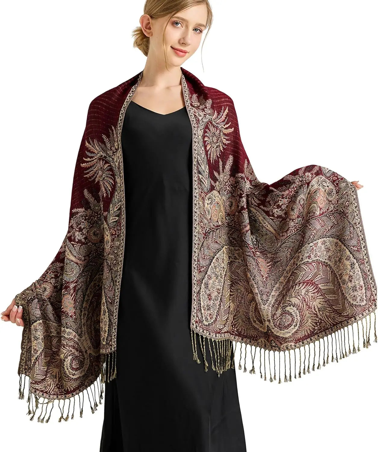 Silky Paisley Pashmina Shawl Scarf-Women's Soft Double-side Jacquard Pashminas Wrap for Evening Dress Travel Shawl