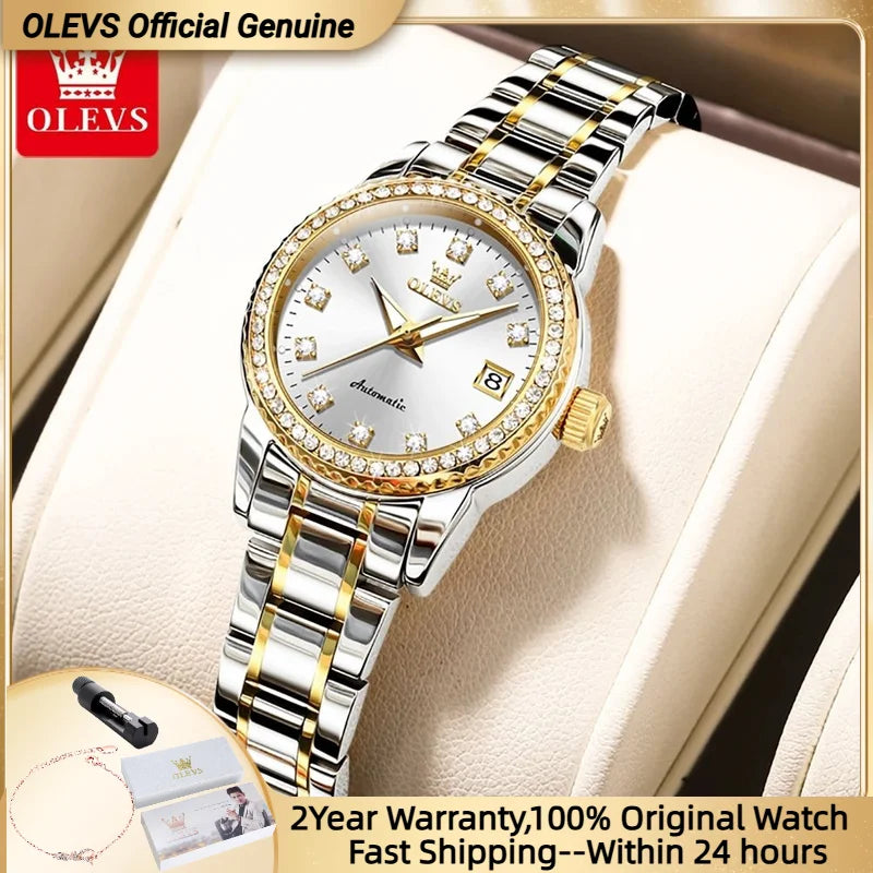 OLEVS Automatic Watch for Women Diamond Gold Luxury Stainless Steel Elegant Original Women's Automatic Watch Necklace Gift Set