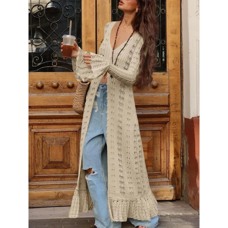 Womens Crochet Long Cardigans Duster Button Up Bell Long Sleeve Ruffle 2026 Summer Boho Beach Cover Ups