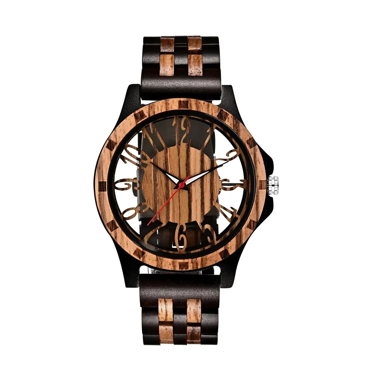 Natural Zebra Wood Watch for Men, Hollow Out Dial Wooden Band Analog Quartz Wristwatch