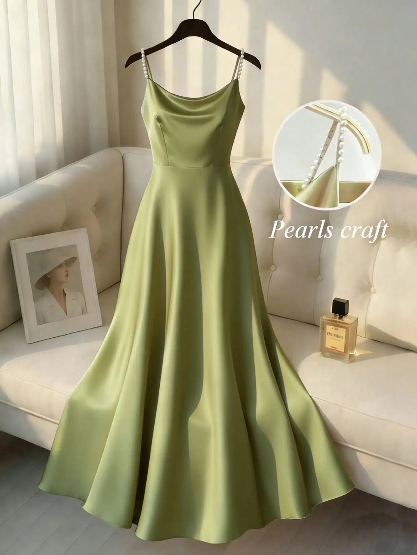 Elegant Satin Pearl Strap Slip Dress A-Line Floor Length For Party Event