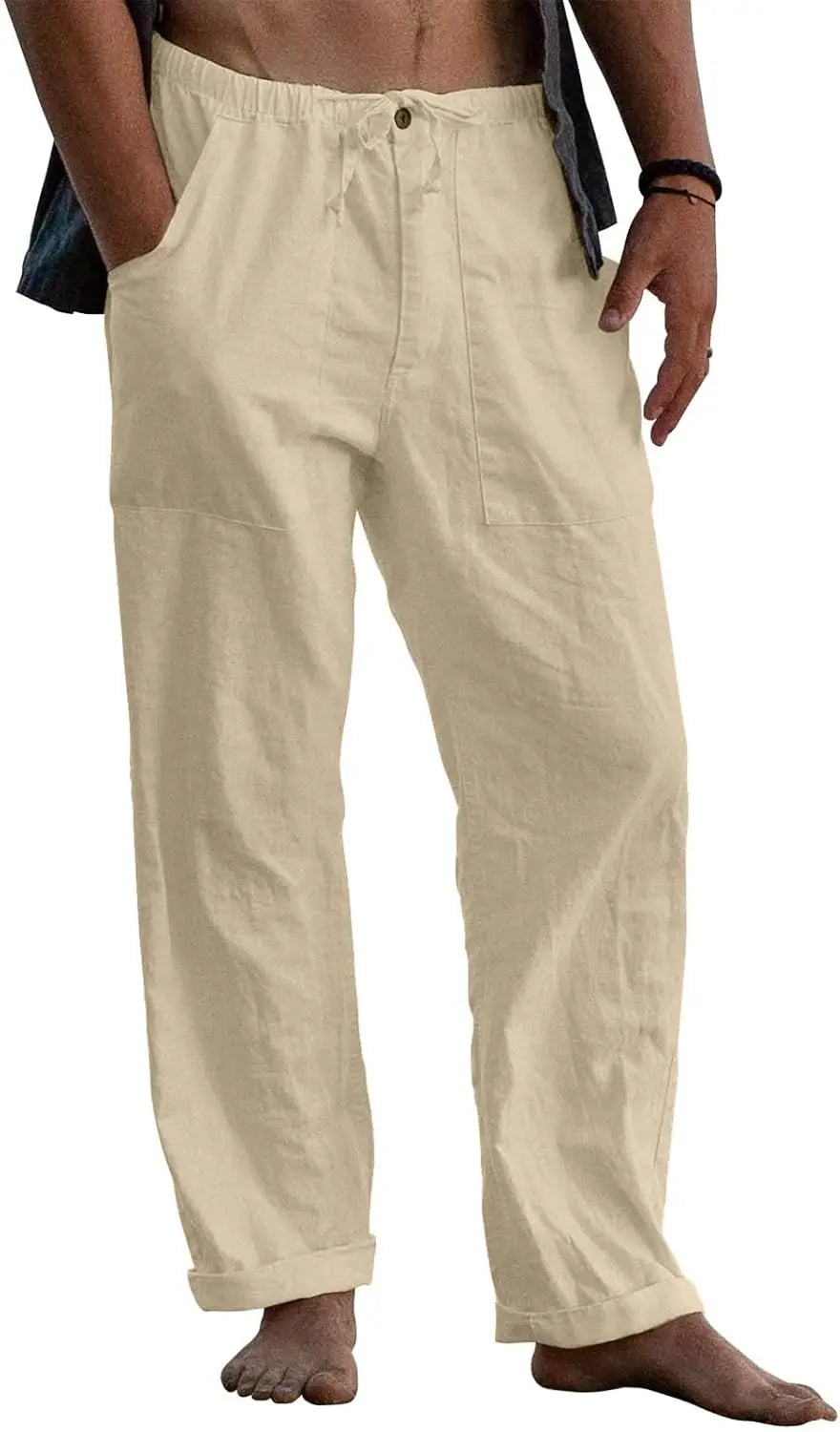 Mens Linen Pants Elastic Waist Drawstring Loose Fit Casual Summer Beach Pants with Pockets Baggy Trousers