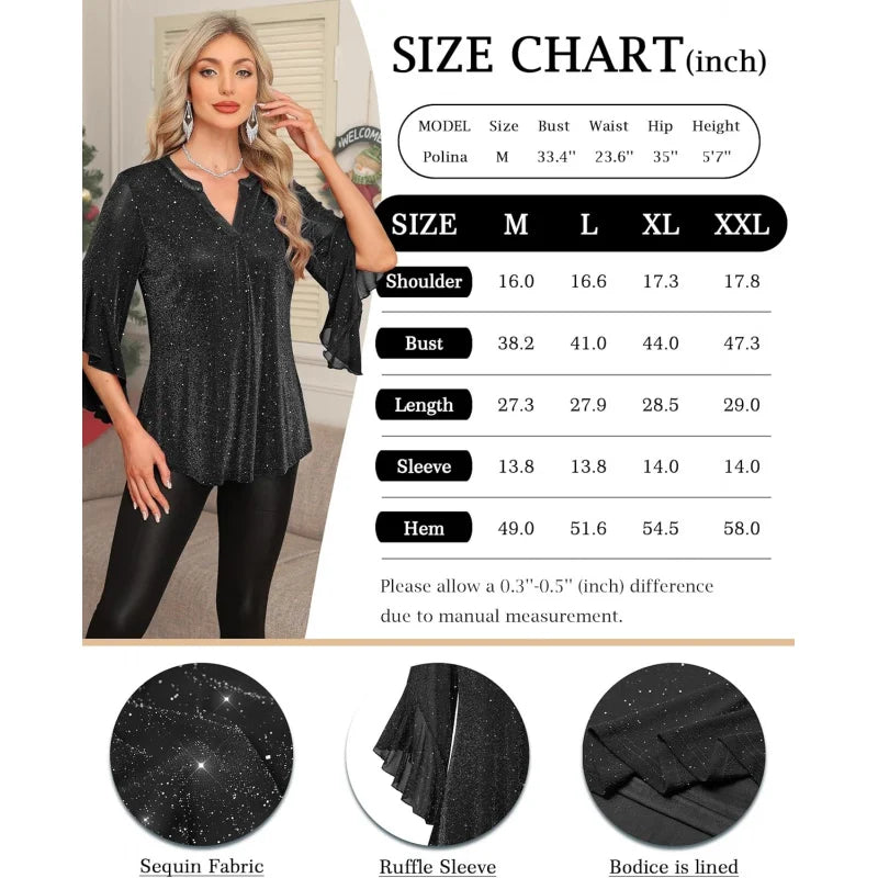Womens Sparkly Tops 3/4 Sleeve Dressy Casual Sequin Blouses Double Layers Loose V Neck Shirt