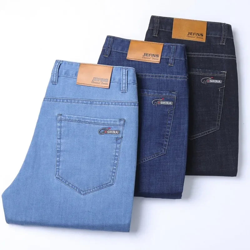 Men Summer Ice Silk Thin Stretch Straight Jeans, Lightweight Cotton Business Casual Denim Trousers
