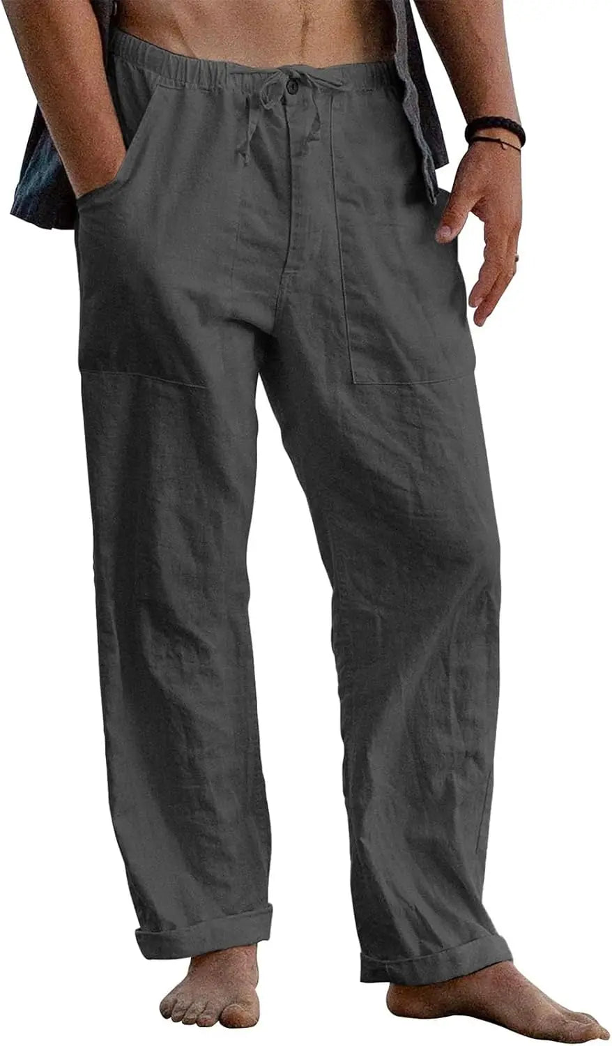 Mens Linen Pants Elastic Waist Drawstring Loose Fit Casual Summer Beach Pants with Pockets Baggy Trousers
