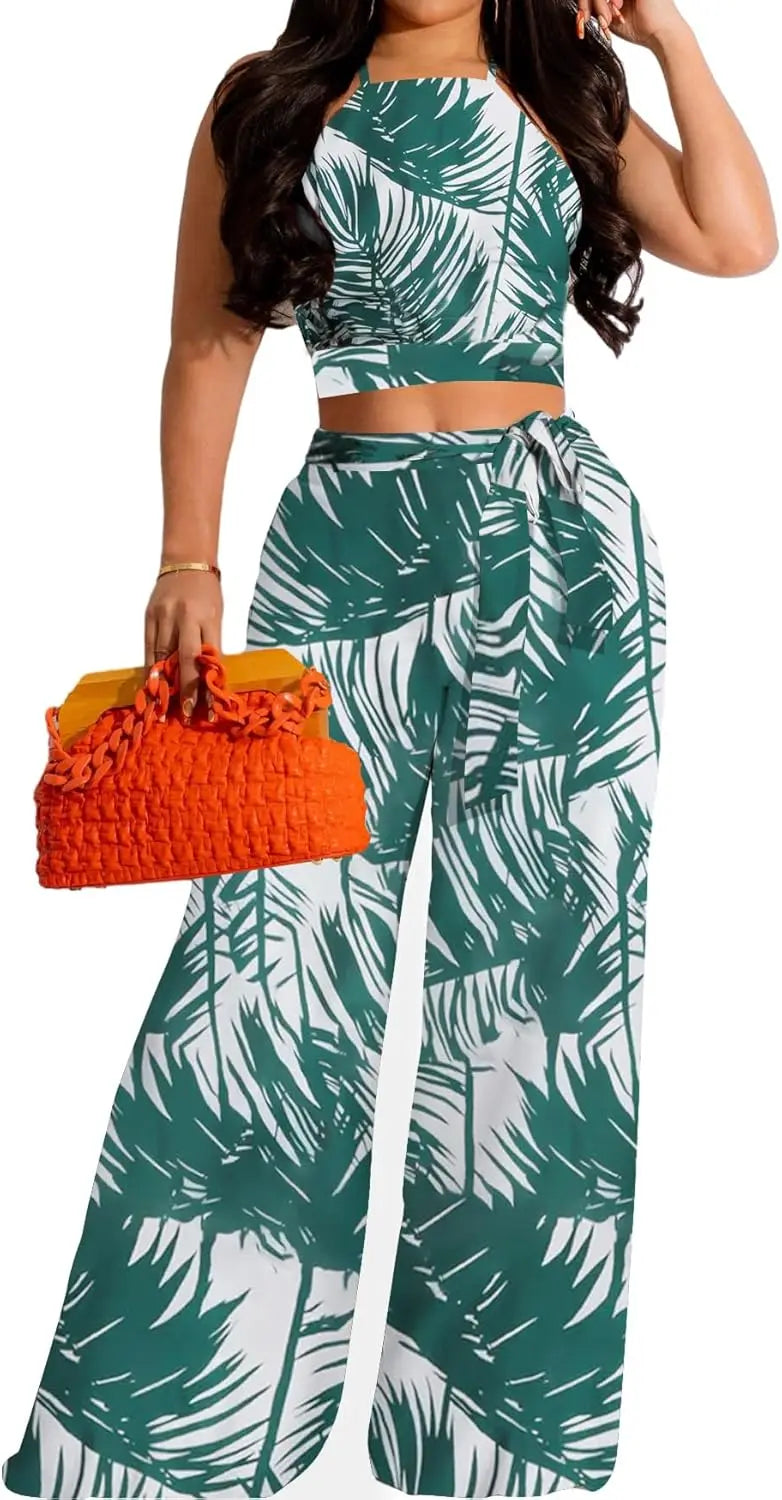 Elegant Two Piece Outfits for Women Sexy Bandage Top Long Straight Pants Swimwear Sets Coverups Vacation Beach
