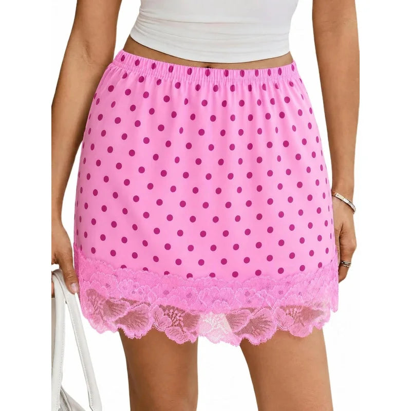 Womens Polka Dot Skirt Lace Satin Casual High Waist A Line Summer Mini Skirts