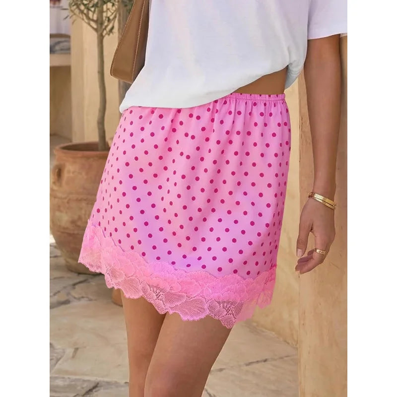 Womens Polka Dot Skirt Lace Satin Casual High Waist A Line Summer Mini Skirts