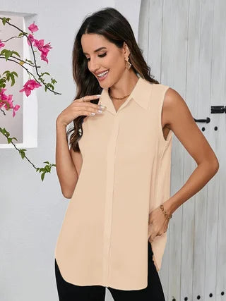 Plus size women's loose comfortable commute style hidden button shirt side slit irregular lapel sleeveless vest shirt