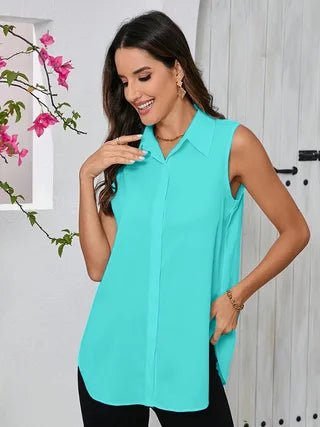 Plus size women's loose comfortable commute style hidden button shirt side slit irregular lapel sleeveless vest shirt