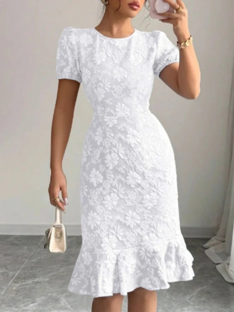 Elegant Lady Ruffled Hem Short Sleeve Dress New Skinny Hip Covering Slim Knee Length Dress Casual All-Match Solid O-Neck