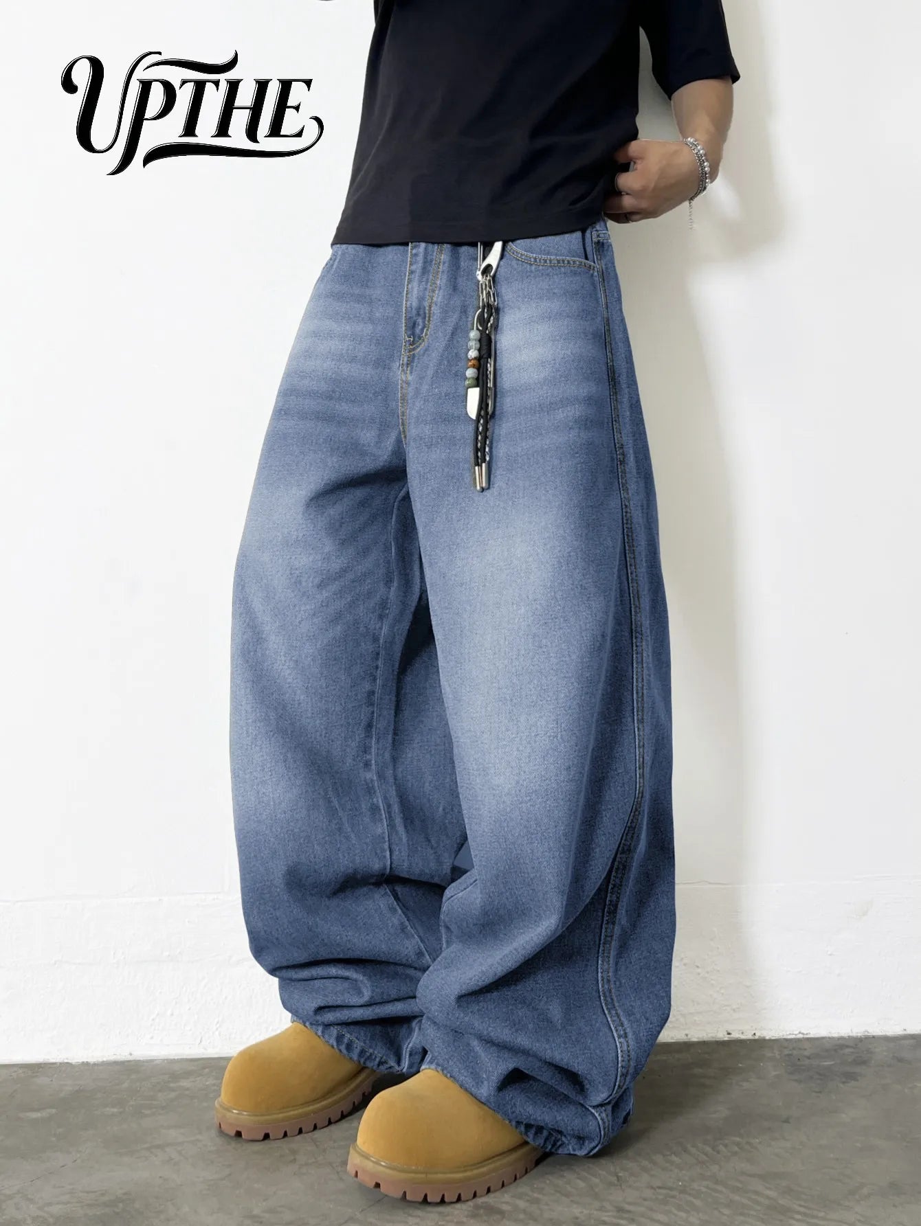 UP.THE Men Light Wash Baggy Wide Leg Jeans, Y2K Oversized Loose Denim Pants, Casual Relaxed Fit Trousers for Daily Shopping Office Wear