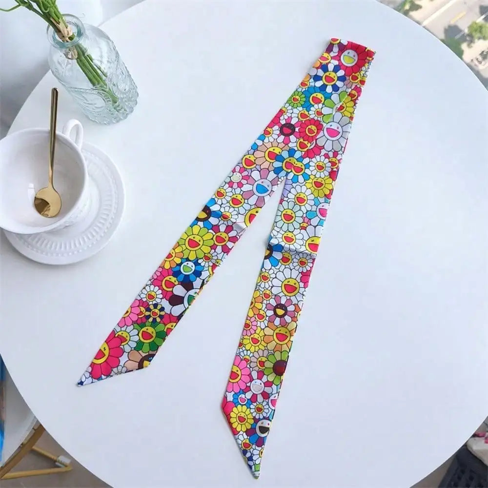 Versatile Long Skinny Silk Scarf for Women, Multiway Ribbon Tie as Bag Charm Hair Band Neck Scarf Belt, Elegant Print Gift
