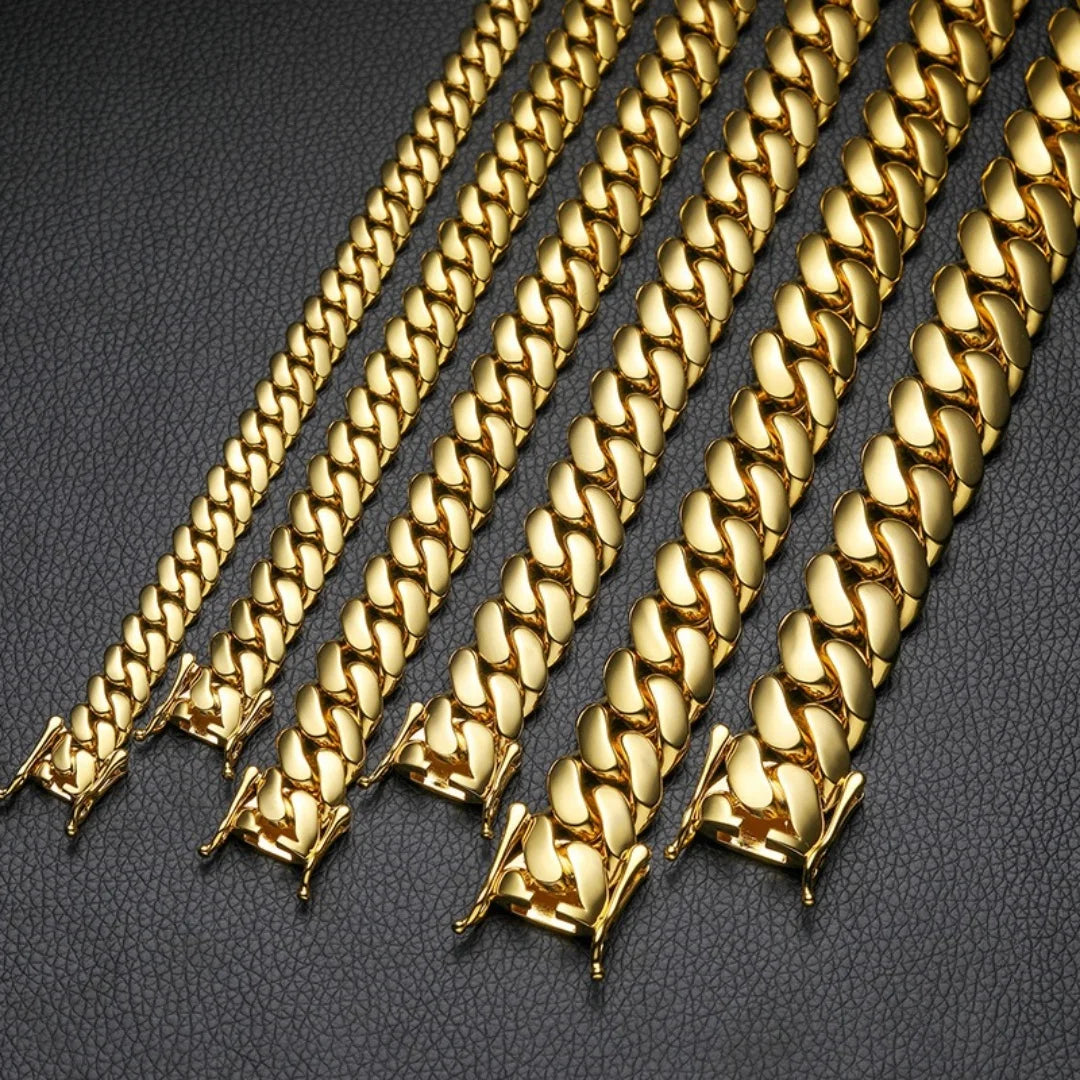 8-22mm Gold Color Stainless Steel  Cuban Miami Link Chain Necklaces for 18k Gold-plated Men (1PC)