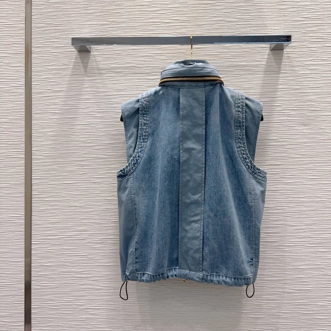 Women's Denim Sleeveless Hooded Zipper Vest with Belted Zipper Short Skirt Set Summer Youth Fashion Casual  2652018