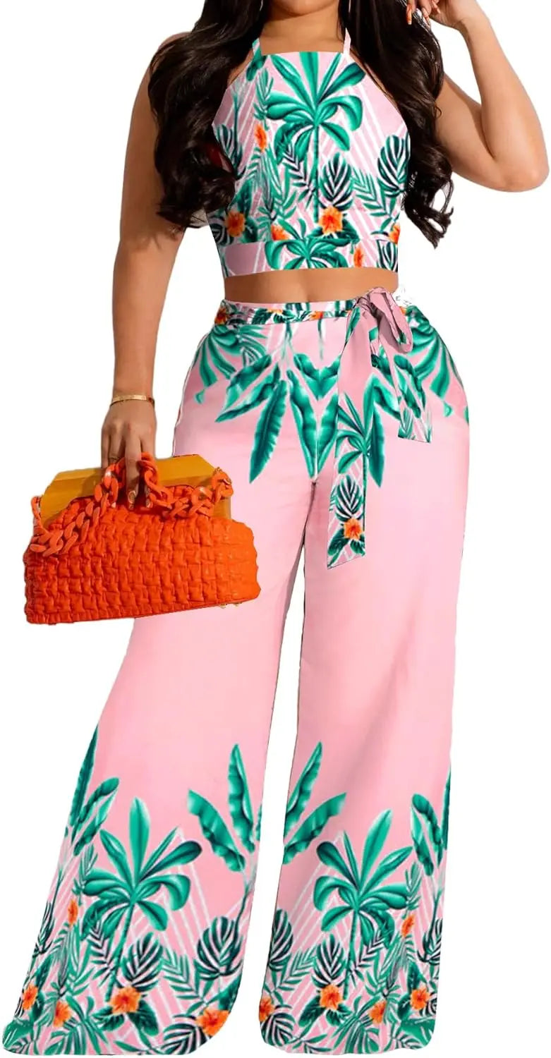 Elegant Two Piece Outfits for Women Sexy Bandage Top Long Straight Pants Swimwear Sets Coverups Vacation Beach