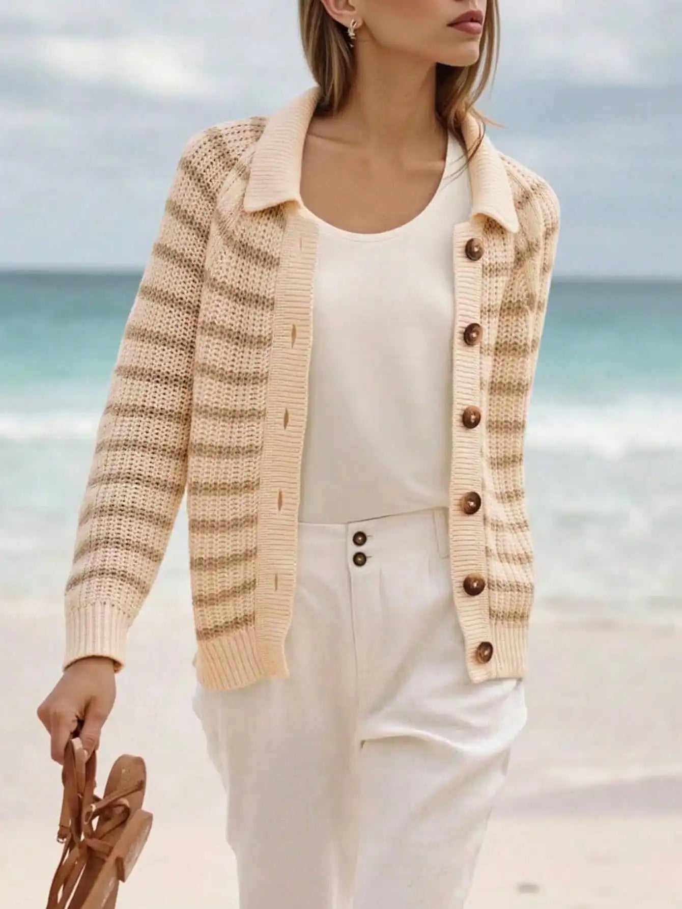 Fisoew polo Neck Knit Cardigan | Women's Open Front Long Sleeve Sweater | Button-Down Jacket Style Cover-Up
