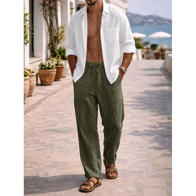 Mens Linen Pants Elastic Waist Drawstring Loose Fit Casual Summer Beach Pants with Pockets Baggy Trousers