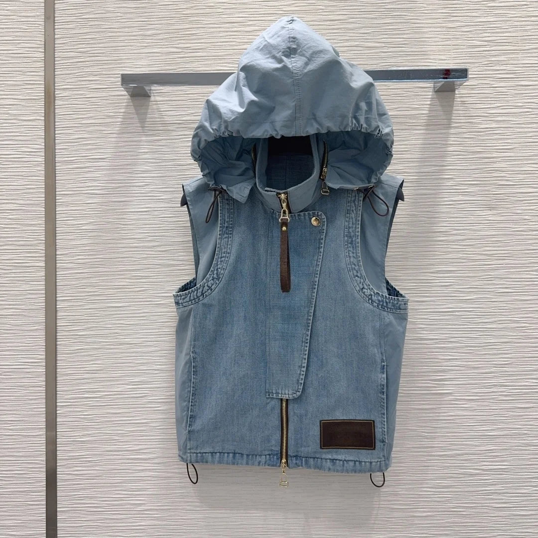 Women's Denim Sleeveless Hooded Zipper Vest with Belted Zipper Short Skirt Set Summer Youth Fashion Casual  2652018