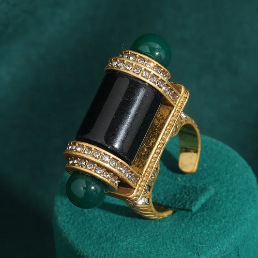 Vintage Black Green Ring Stone Bullet Head For Women Antique 18k Gold Color Luxury Quality Jewelry Dubai Brand Mothers Day Gift