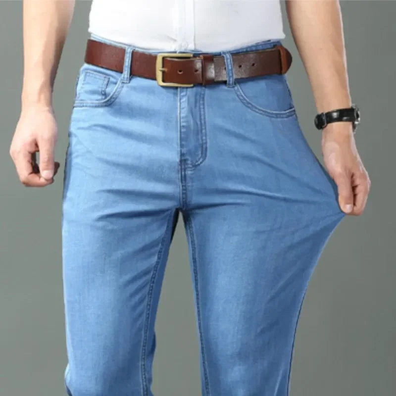 Men Summer Ice Silk Thin Stretch Straight Jeans, Lightweight Cotton Business Casual Denim Trousers