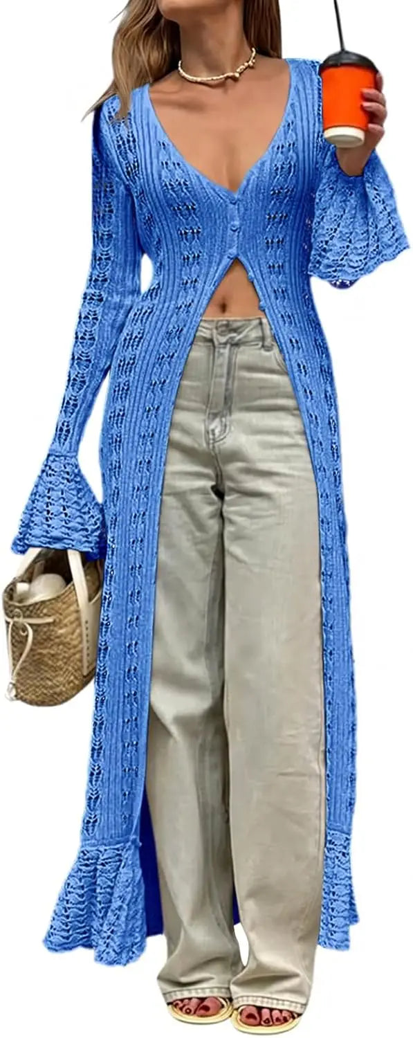 Womens Crochet Long Cardigans Duster Button Up Bell Long Sleeve Ruffle 2026 Summer Boho Beach Cover Ups