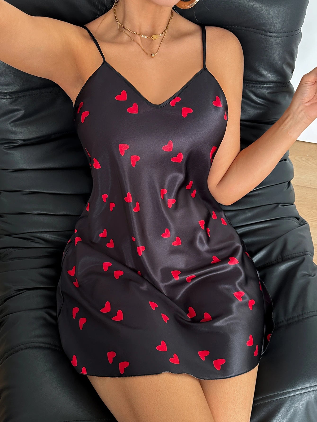 Sexy V Neck Heart Print Nightdress Summer Breathable Sleepwear