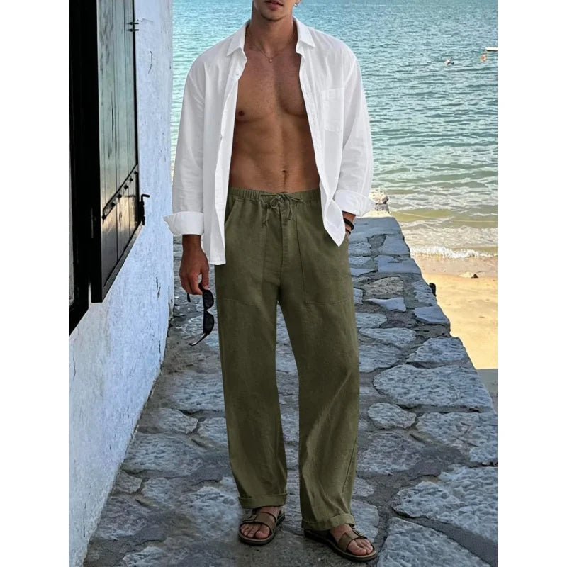 Mens Linen Pants Elastic Waist Drawstring Loose Fit Casual Summer Beach Pants with Pockets Baggy Trousers