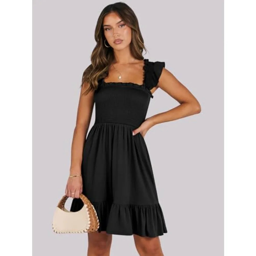 ANRABESS Women's Summer Casual Sleeveless Square Neck Dress 2026 Smocked Ruffle Backless Boho Beach Cute Teen Short Sundress