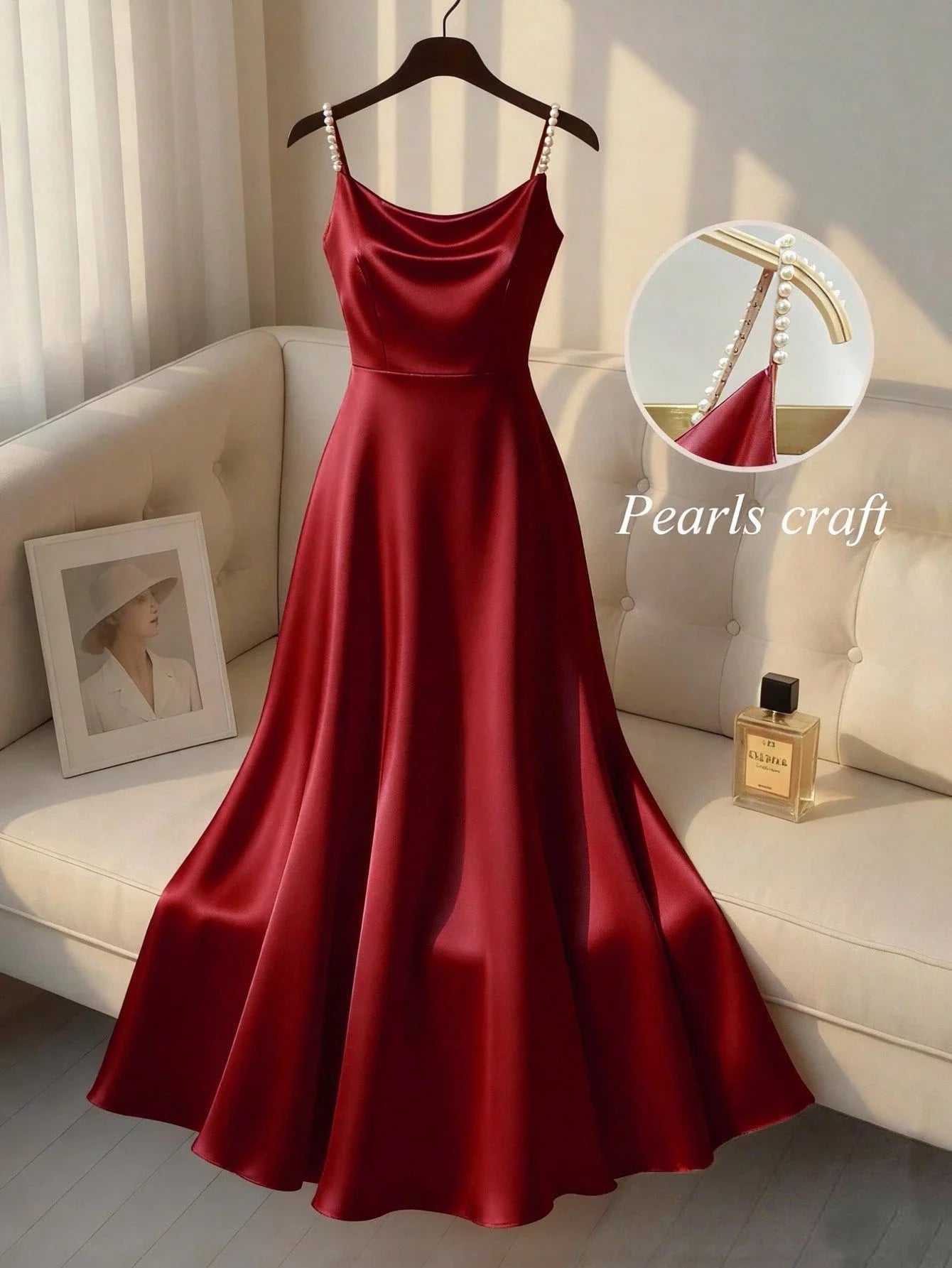 Elegant Satin Pearl Strap Slip Dress A-Line Floor Length For Party Event