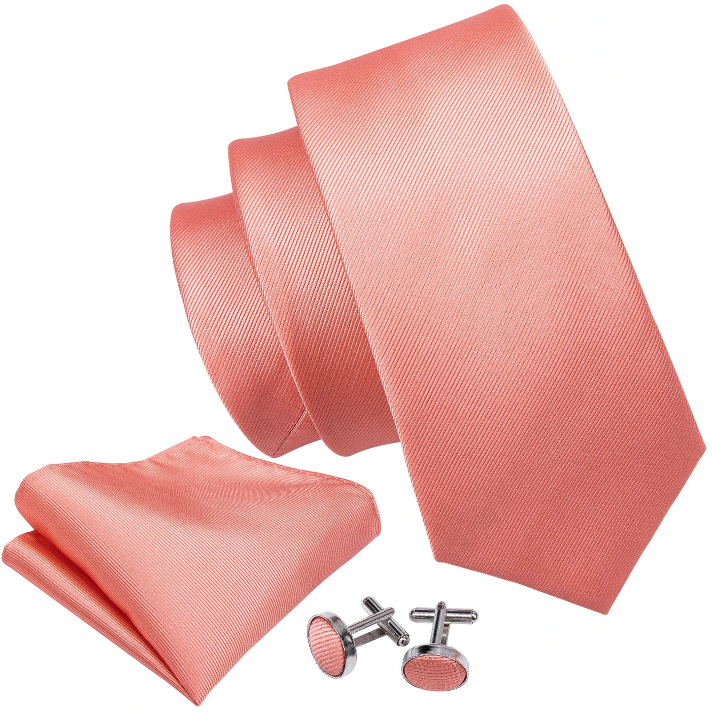 Designer Mens Tie Jacquard Necktie Pocket Square Cufflinks Set Coral Pink Solid for Male Men Wedding Busniess Party Ties Gift