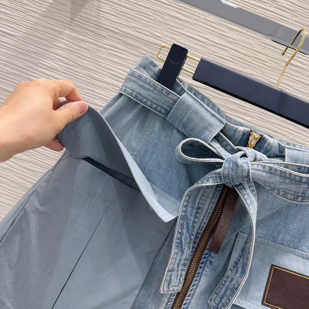 Women's Denim Sleeveless Hooded Zipper Vest with Belted Zipper Short Skirt Set Summer Youth Fashion Casual  2652018