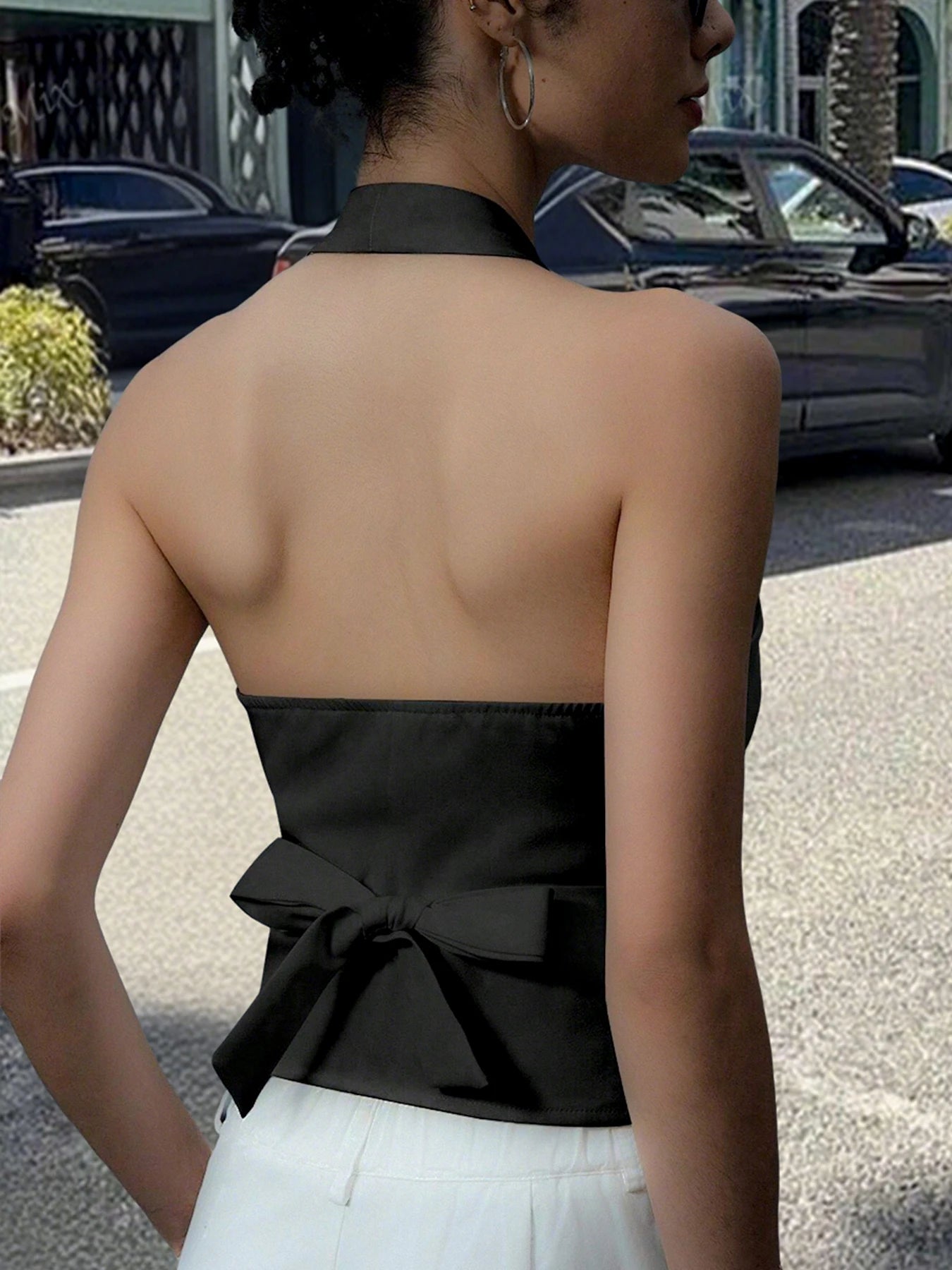 Women Black Halter Neck Button Vest Top Sleeveless V-Neck Slim Fit Back Tie Casual Streetwear Cropped Tank Top