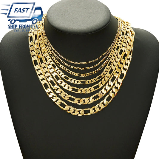 2.5-10mm Figaro Stainless Steel 14K Gold Plated Link Chain Necklace Fashion Women Men's Hip Hop Rock Jewelry