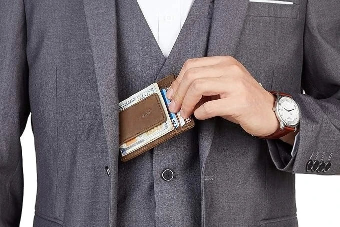 Slim Wallet for Men RFID Blocking Money Clip, Minimalist Front Pocket Credit Card Holder, Magnetic Thin Wallet with ID Window