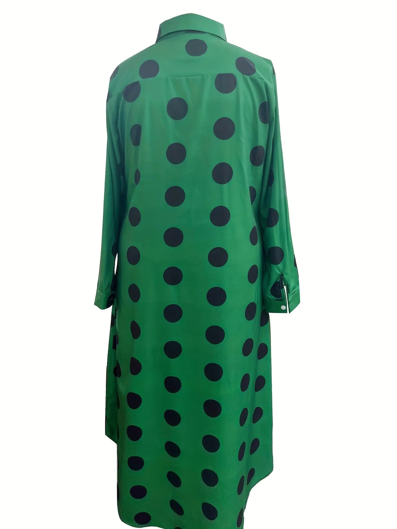 European and American plus size women's large polka dot lapel shirt dress; black polka dot single-breasted loose long sleeve side slit midi shirt dress