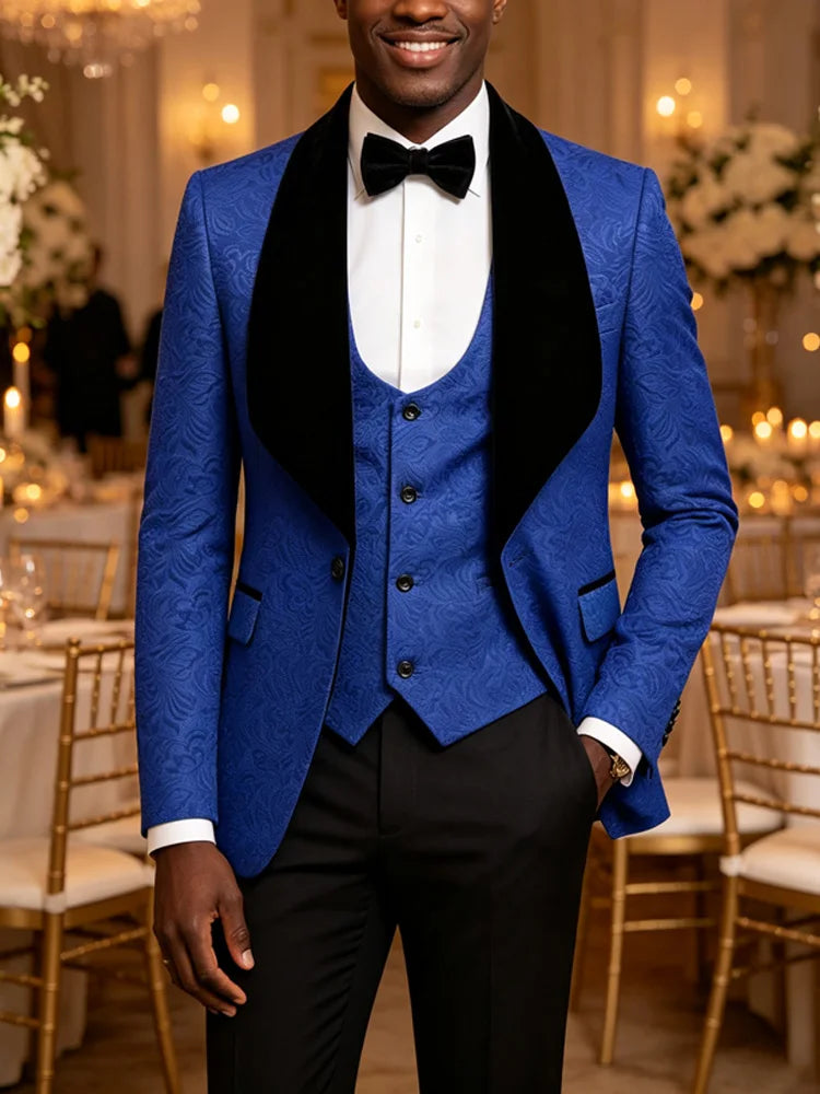 Men Light Blue Jacquard Tuxedo 3 Piece Suit Shawl Black Lapel Slim Fit Blazer Vest Pants Set Wedding Groom Prom Dinner Party Formal Mens Suit