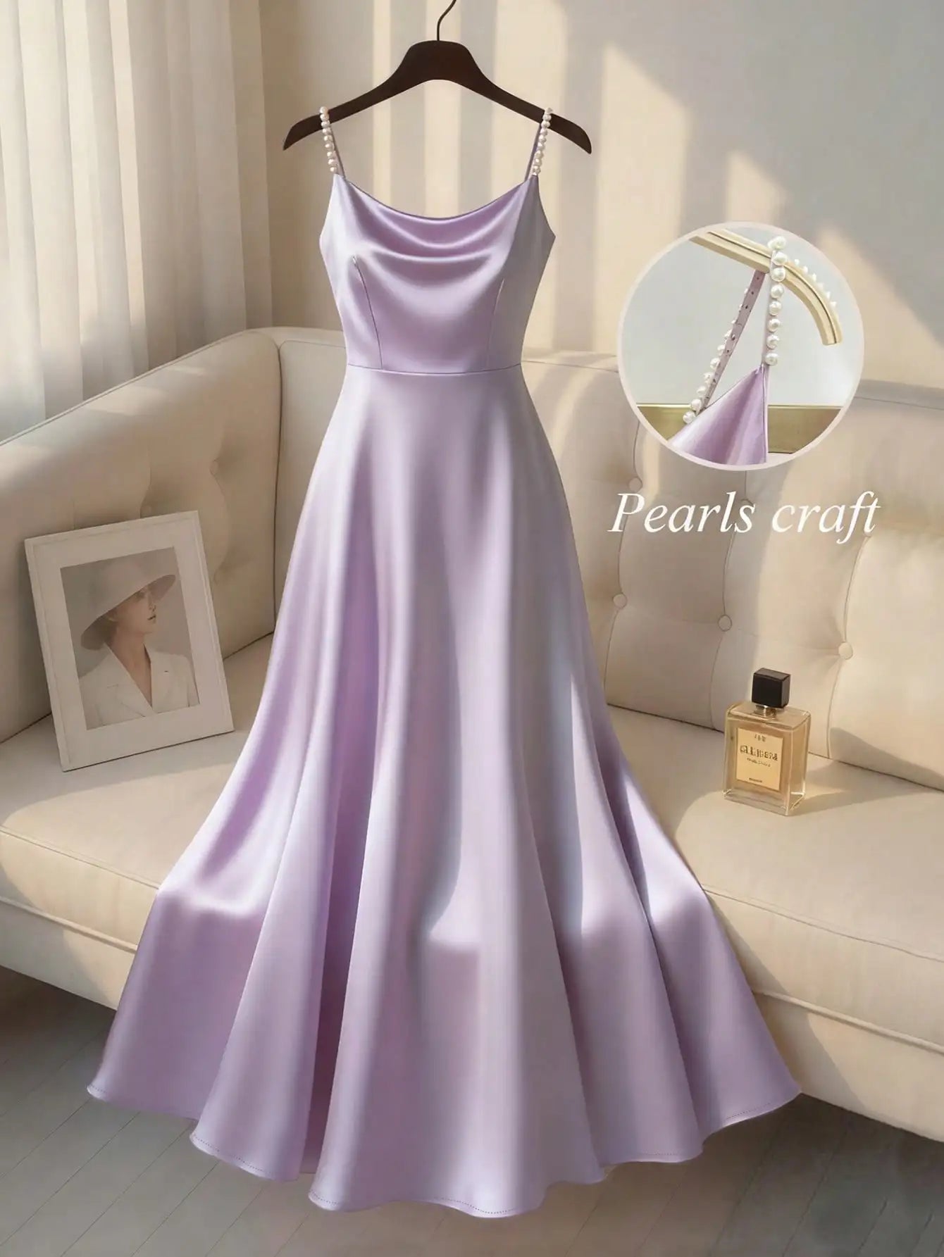 Elegant Satin Pearl Strap Slip Dress A-Line Floor Length For Party Event