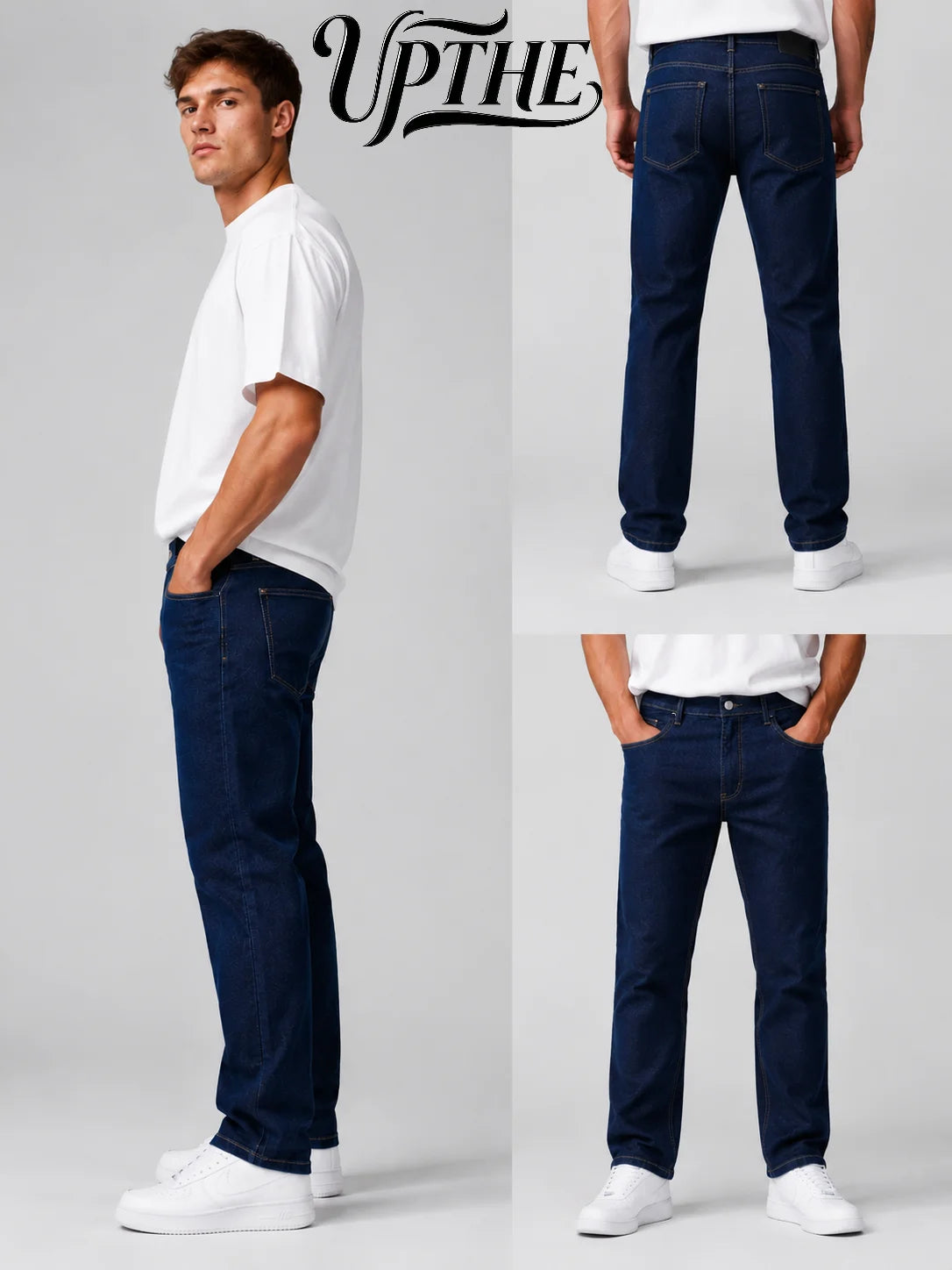 UP.THE Men Dark Blue Slim Fit Straight Leg Jeans, Classic Stretch Denim Pants, Casual Streetwear Trousers for Daily Work & Daily Outfits