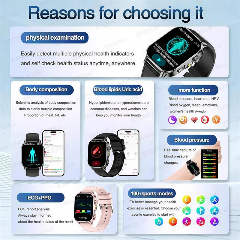 Accurate Health Diagnosis ECG Smart Watch Blood Pressure Blood Oxygen Blood Fat Uric Acid Temp Bluetooth.