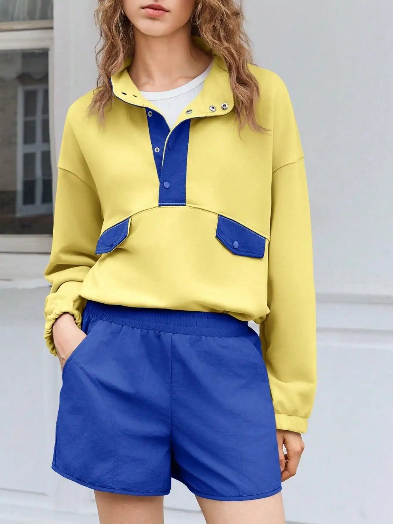 Womens Two Piece Outfits Casual Loose Lounge Set Y2K Color Block Sweatshirt And Running Shorts Fall Streetwear Tracksuit