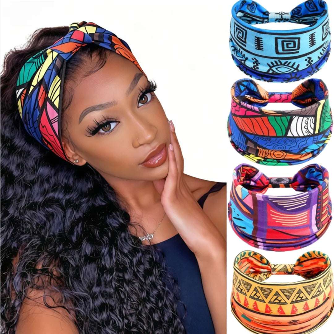 4 Pcs Women's Wide Boho Knotted Non-Slip Turban Headwraps - Stretchy Bandeau Hair Bands for Sports, Yoga, Workouts