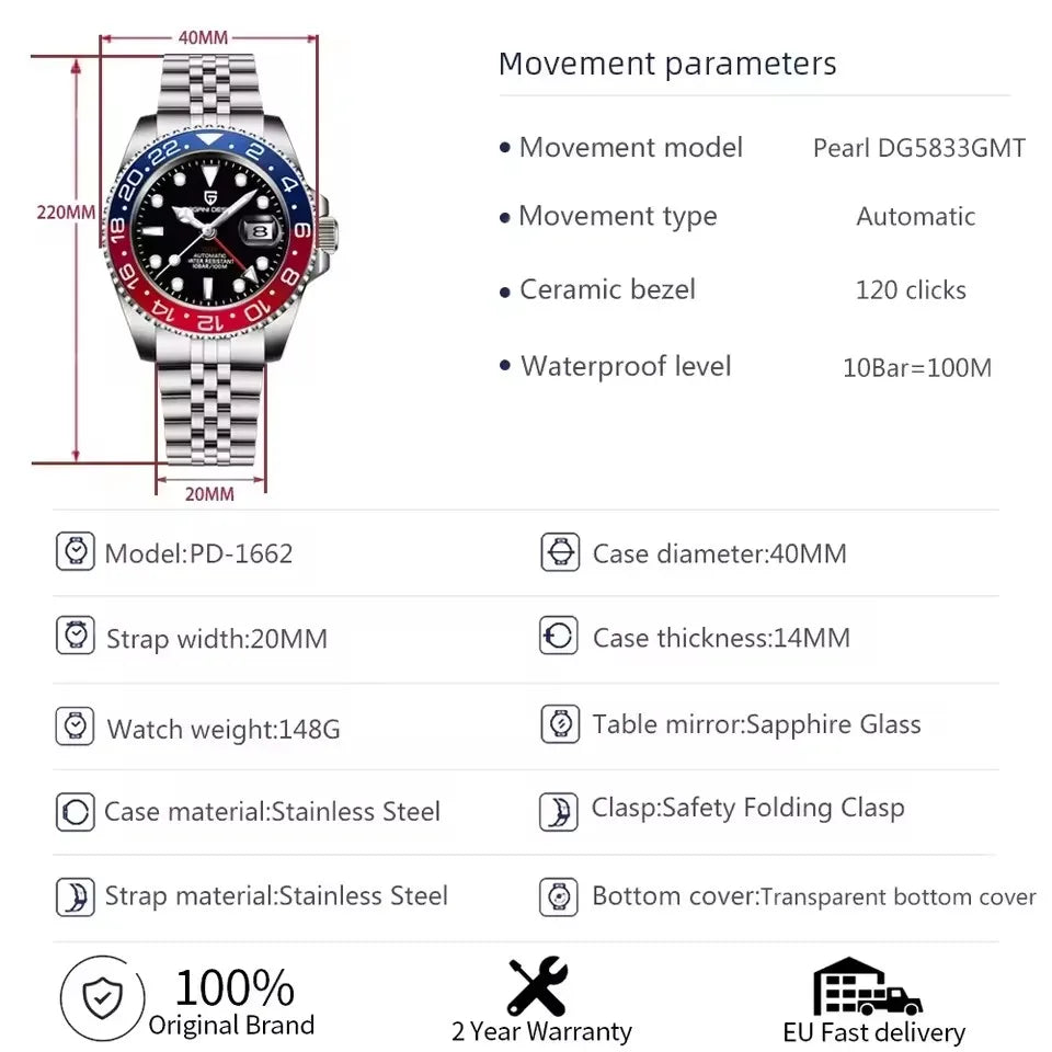 PAGANI DESIGN 2026 GMT Watches Men Luxury Sapphire Automatic Mechanical Watch 40MM Stainless Steel Waterproof Watches for men