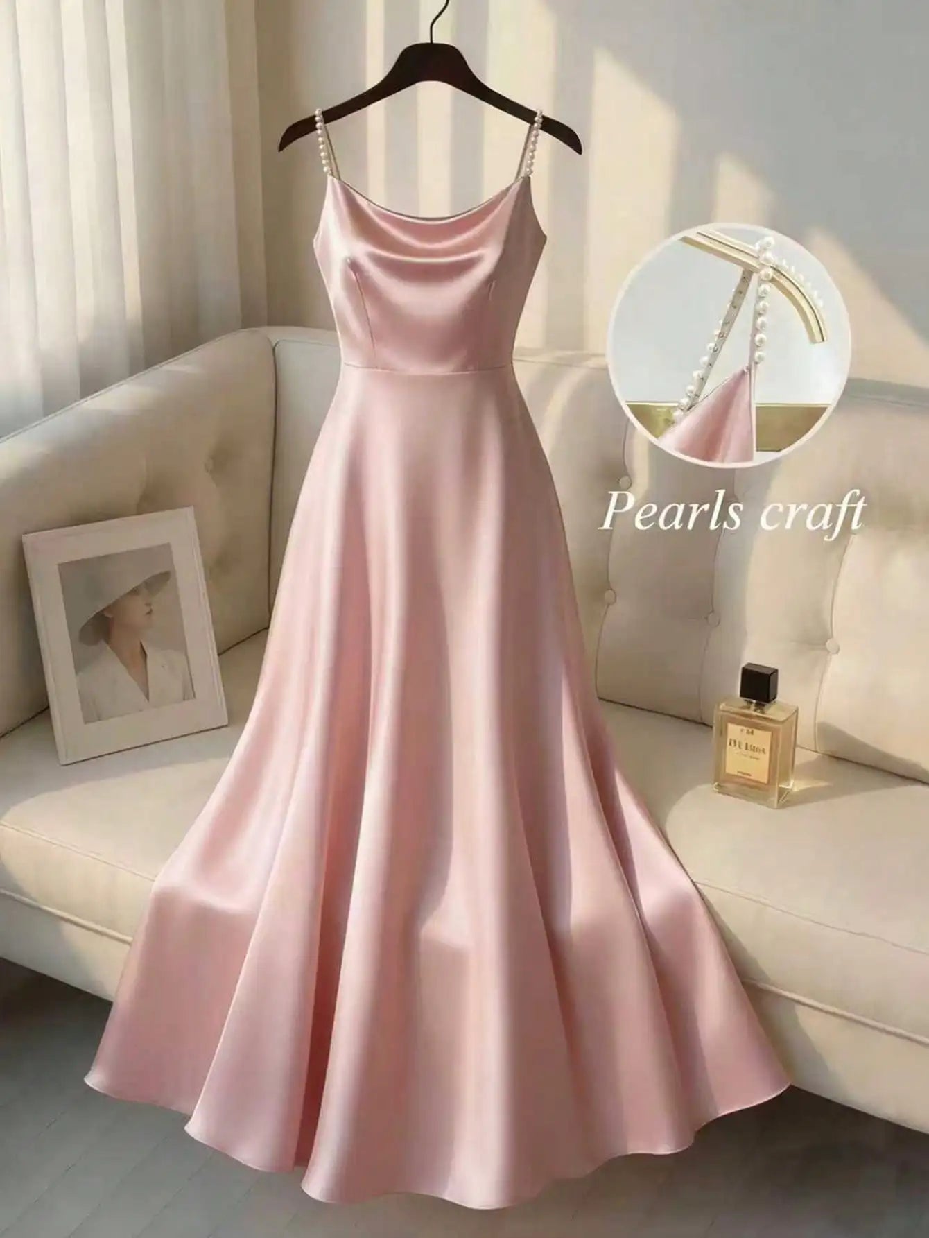 Elegant Satin Pearl Strap Slip Dress A-Line Floor Length For Party Event