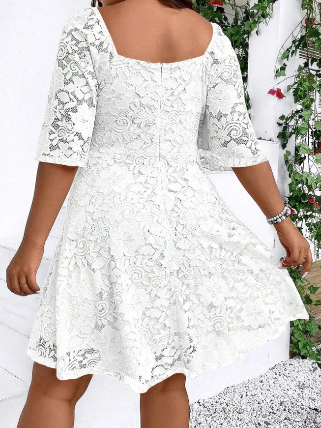 Plus Size Women's Lace A-line Dress, Mid-sleeve V-neck Cross-over Waist Party Date Romantic Dress