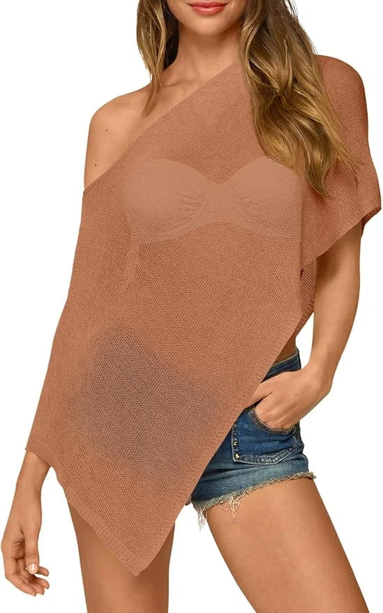 Fisoew Womens Sheer Poncho Top Lightweight Knit Bolero Shrug Mesh Off The Shoulder Y2K Going Out Beach Swimsuit Coverup