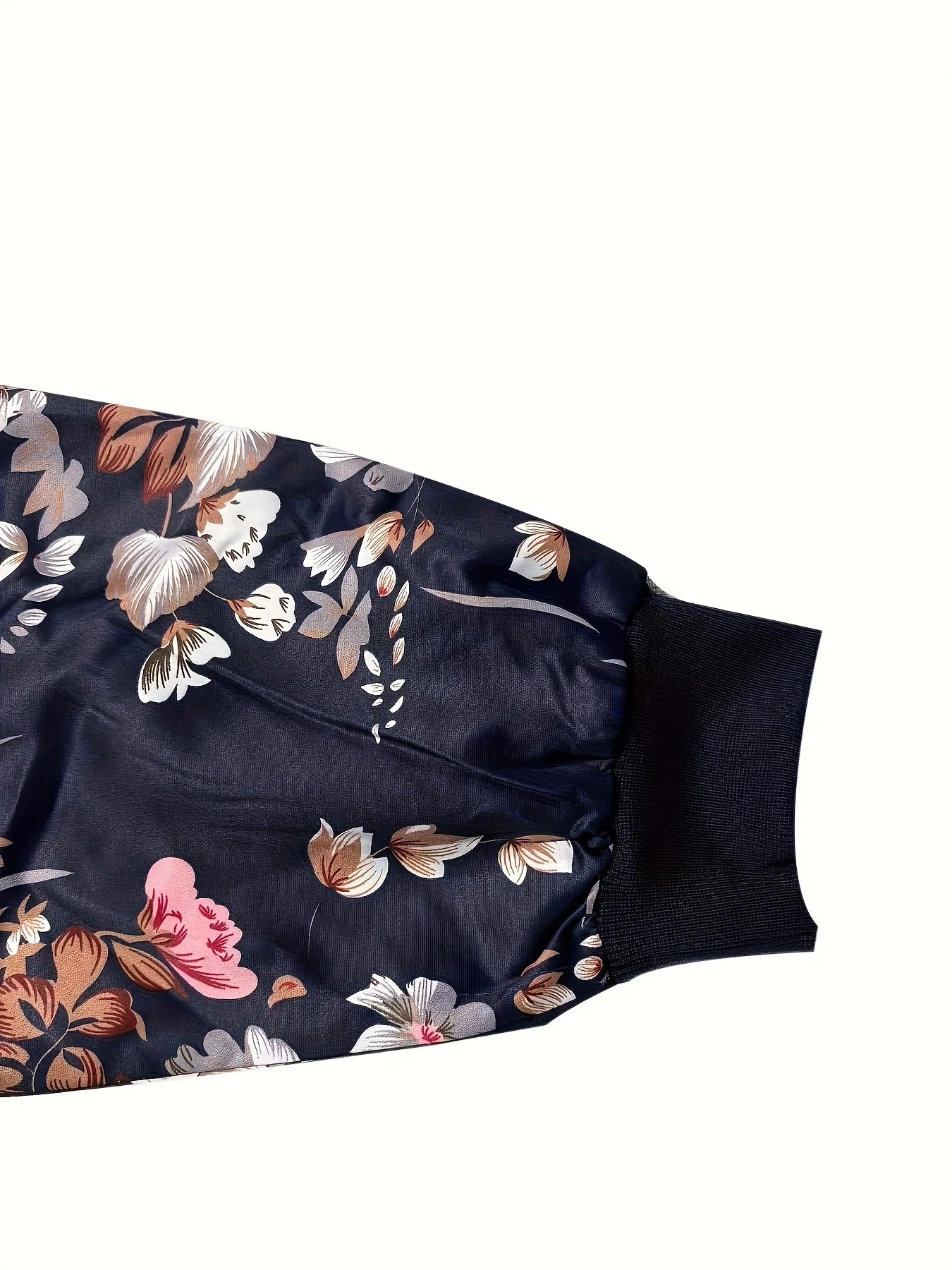 Plus size women's navy blue floral print baseball jacket zipper casual slimming stand collar jacket coat